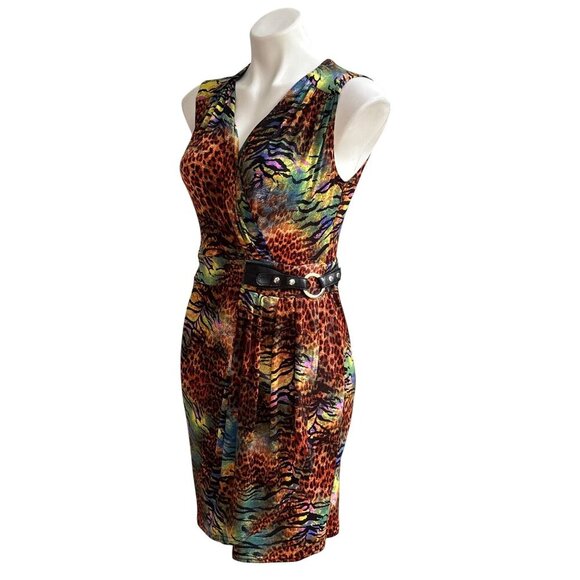 Joseph Ribkoff Multicolor Animal Print Sleeveless Faux Wrap Dress Belt Size 8 - Picture 7 of 10